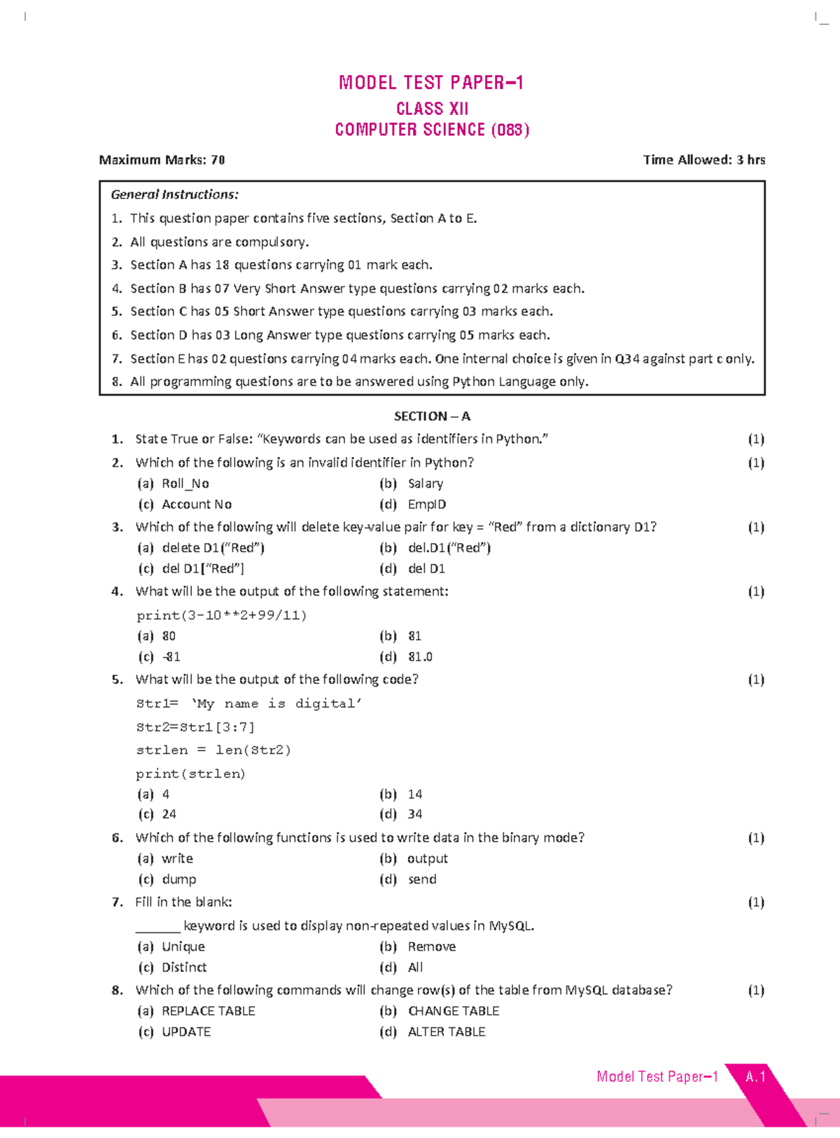 617180933 Computer Science Xii Model Test Paper 1 - Model Test Paper–1 ...