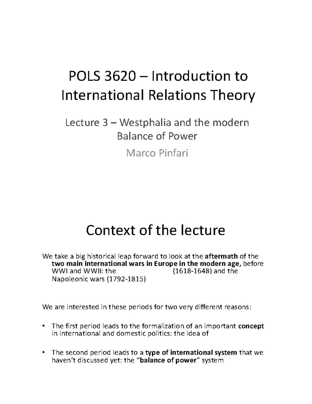 Lecture 3 - POLS 3620 – Introduction to International Relations Theory ...