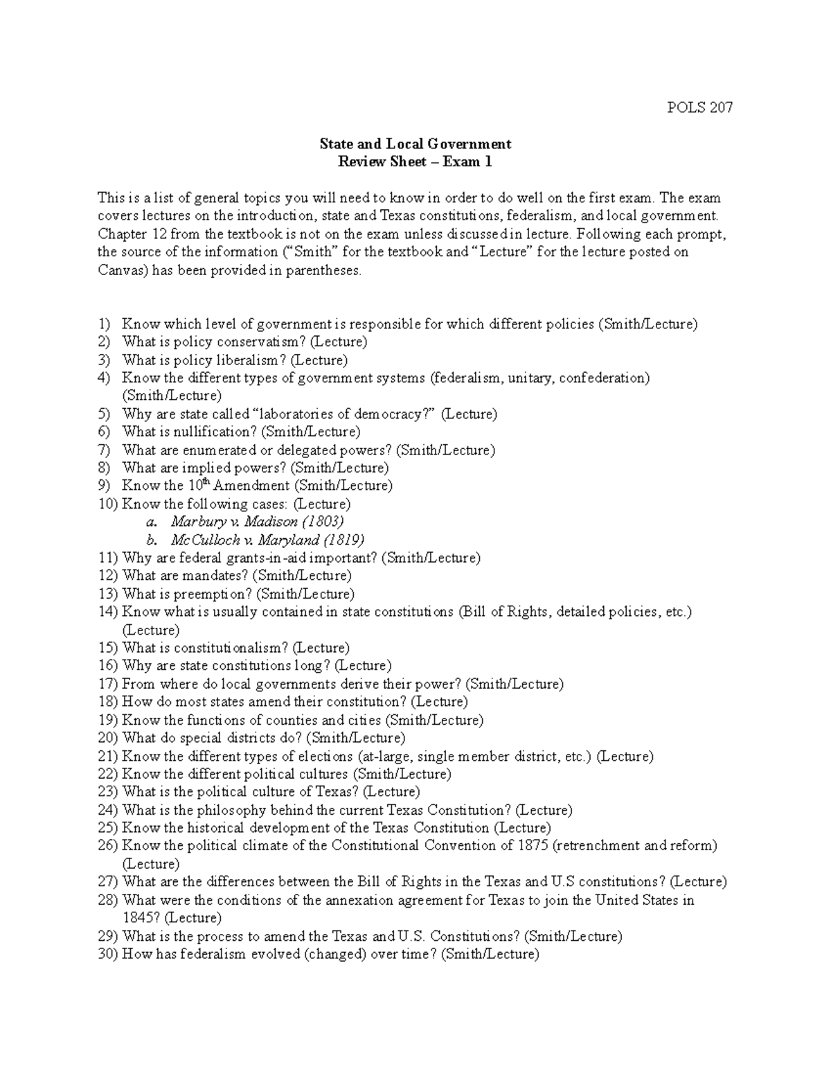 POLS207 Review Sheet 1 Summer 2022 - POLS 207 State And Local ...