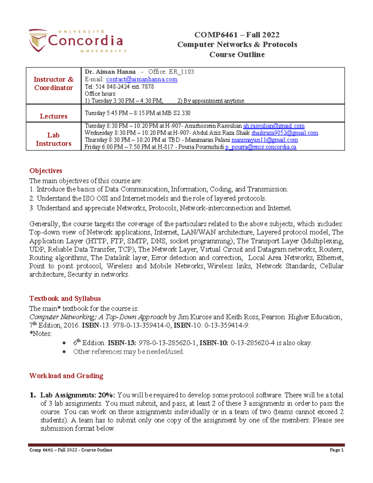 Comp6461 F22 Course Outline - COMP6461 – Fall 2022 Computer Networks ...