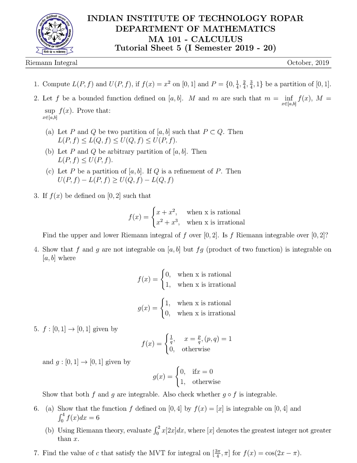 Ma101 Tutorial Sheet 5 Calculus Mtl100 Studocu
