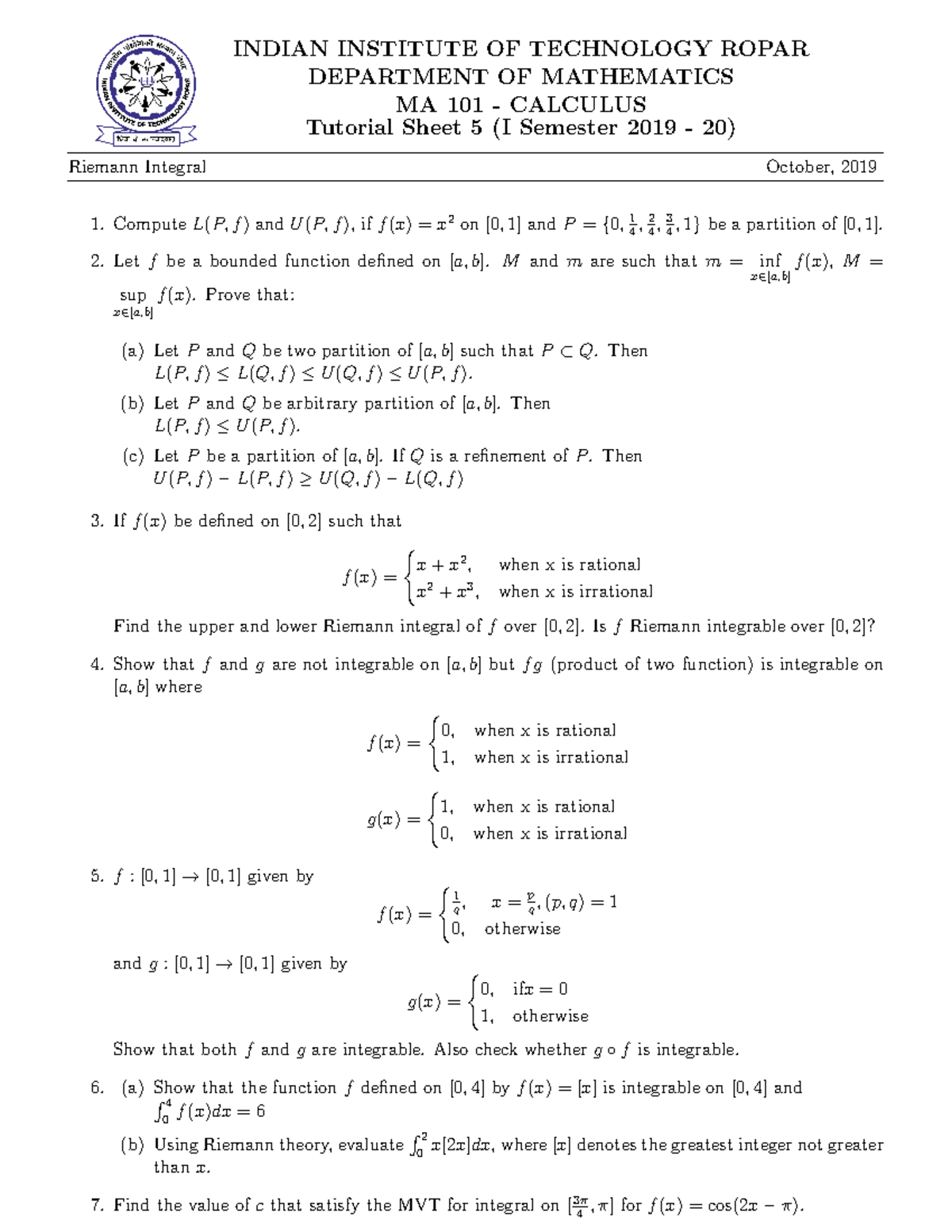 Ma101 Tutorial Sheet 5 Calculus Studocu