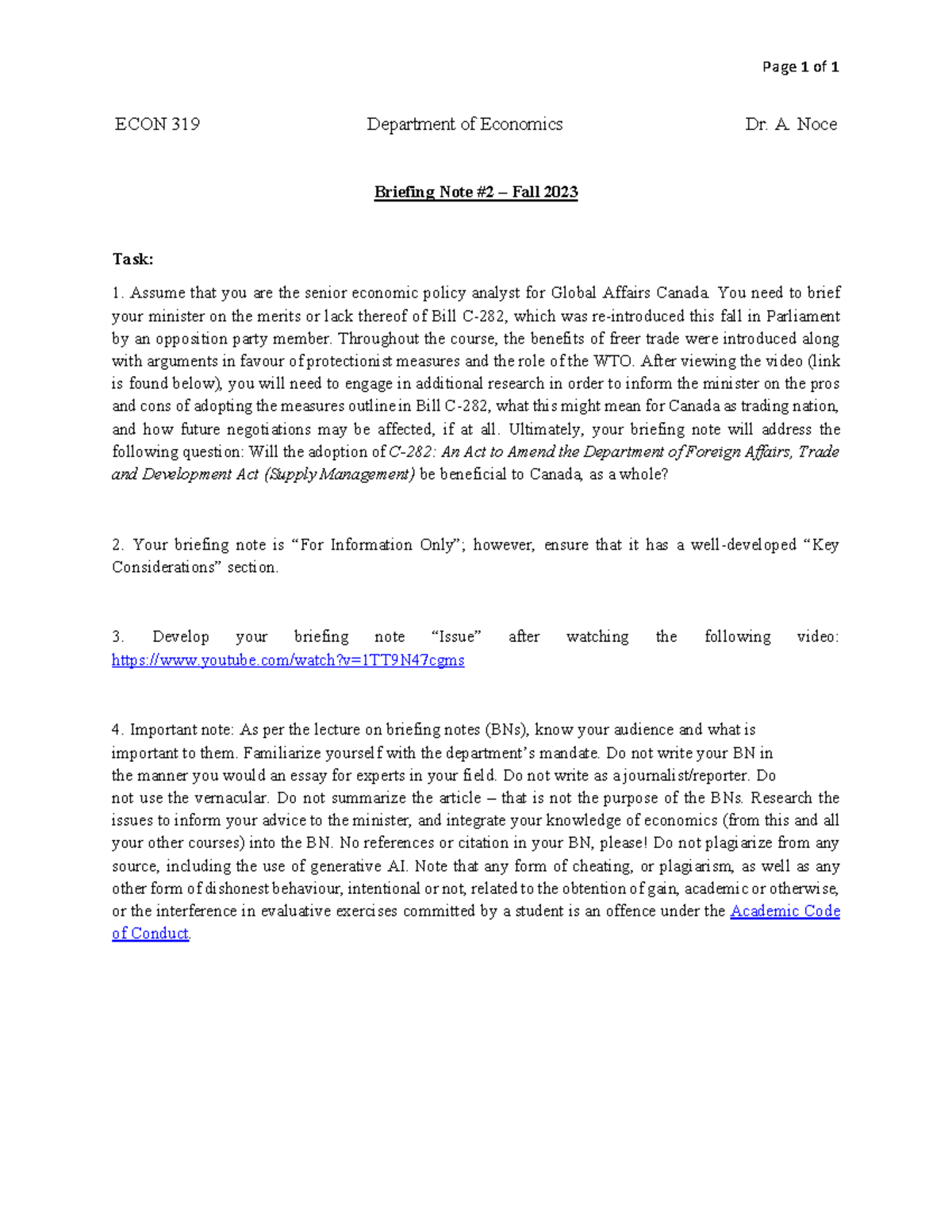 Briefing Note #2 - ECON 319 - Page 1 of 1 ECON 319 Department of ...