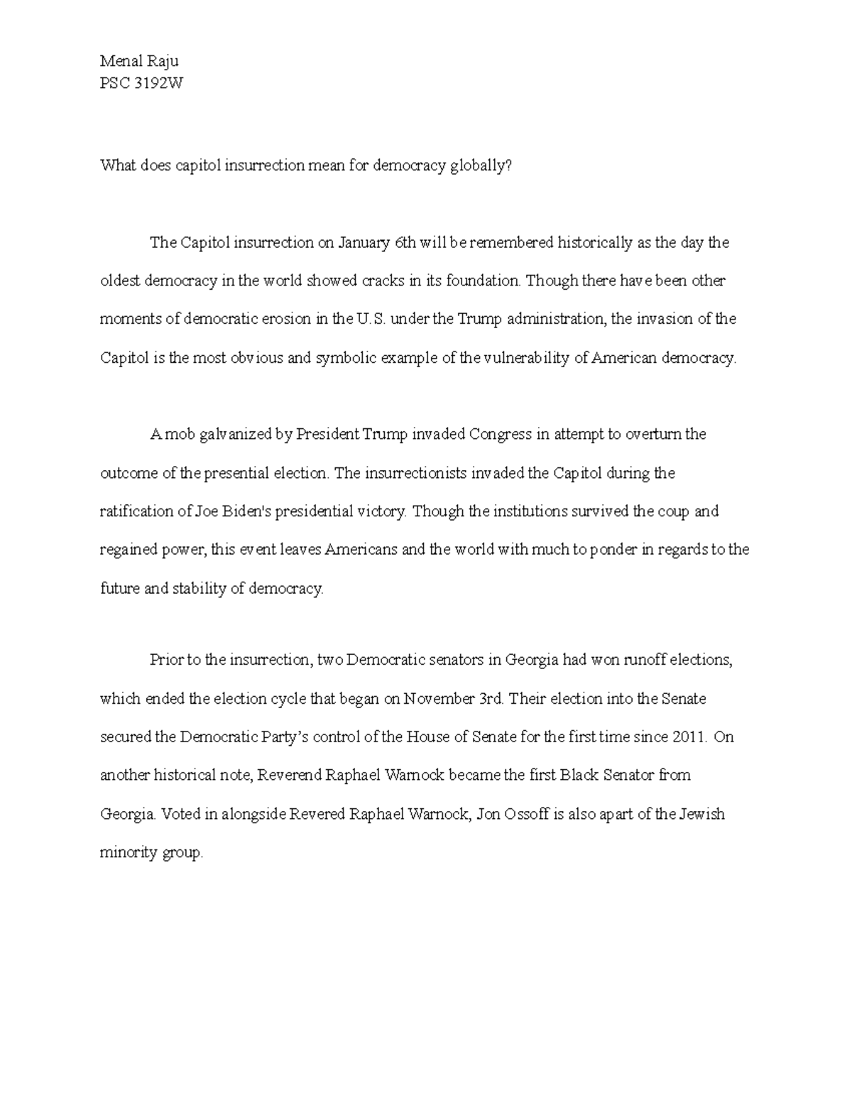 What Does Capitol Insurrection Mean For Democracy Globally PSC 3192W