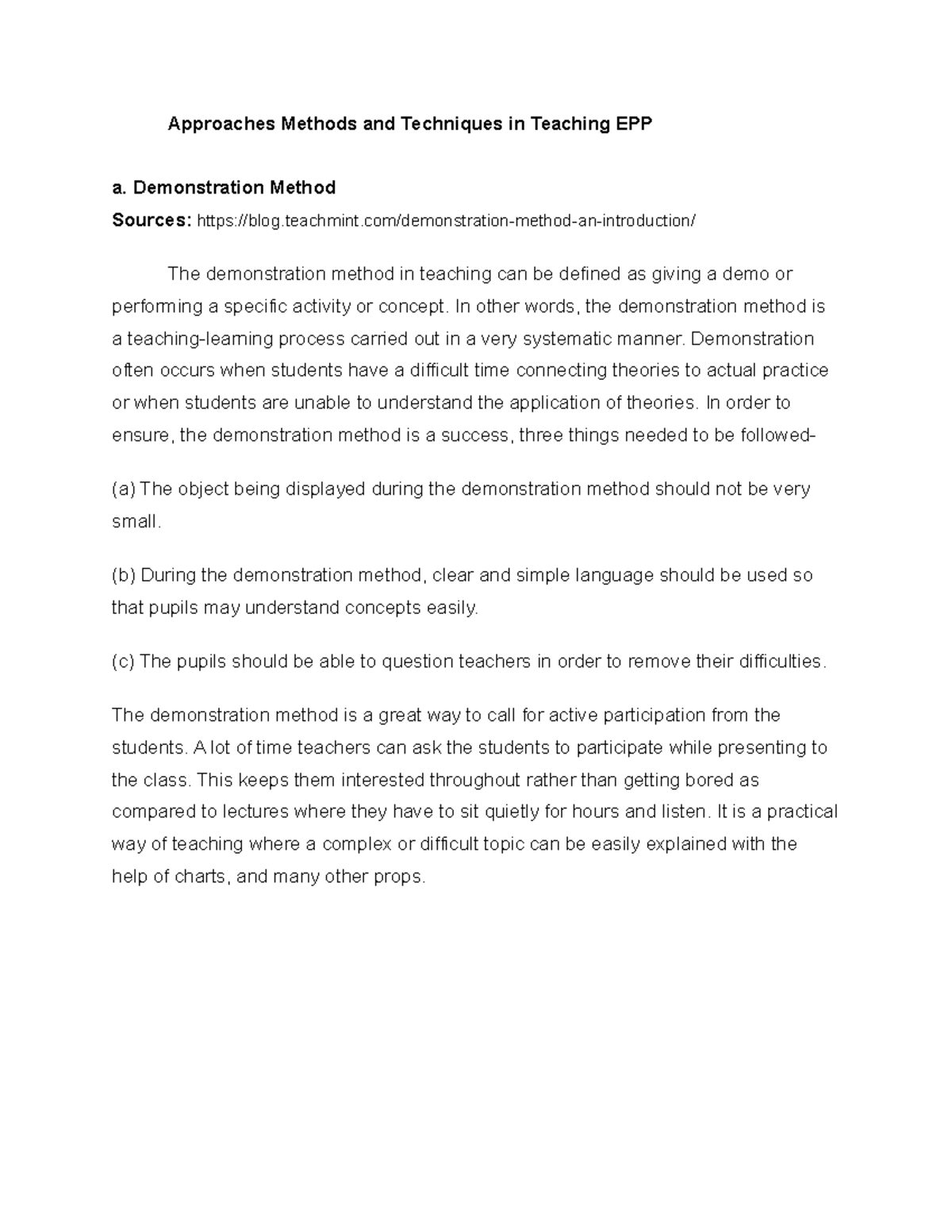 EPP own work Approaches Methods and Techniques in Teaching EPP a