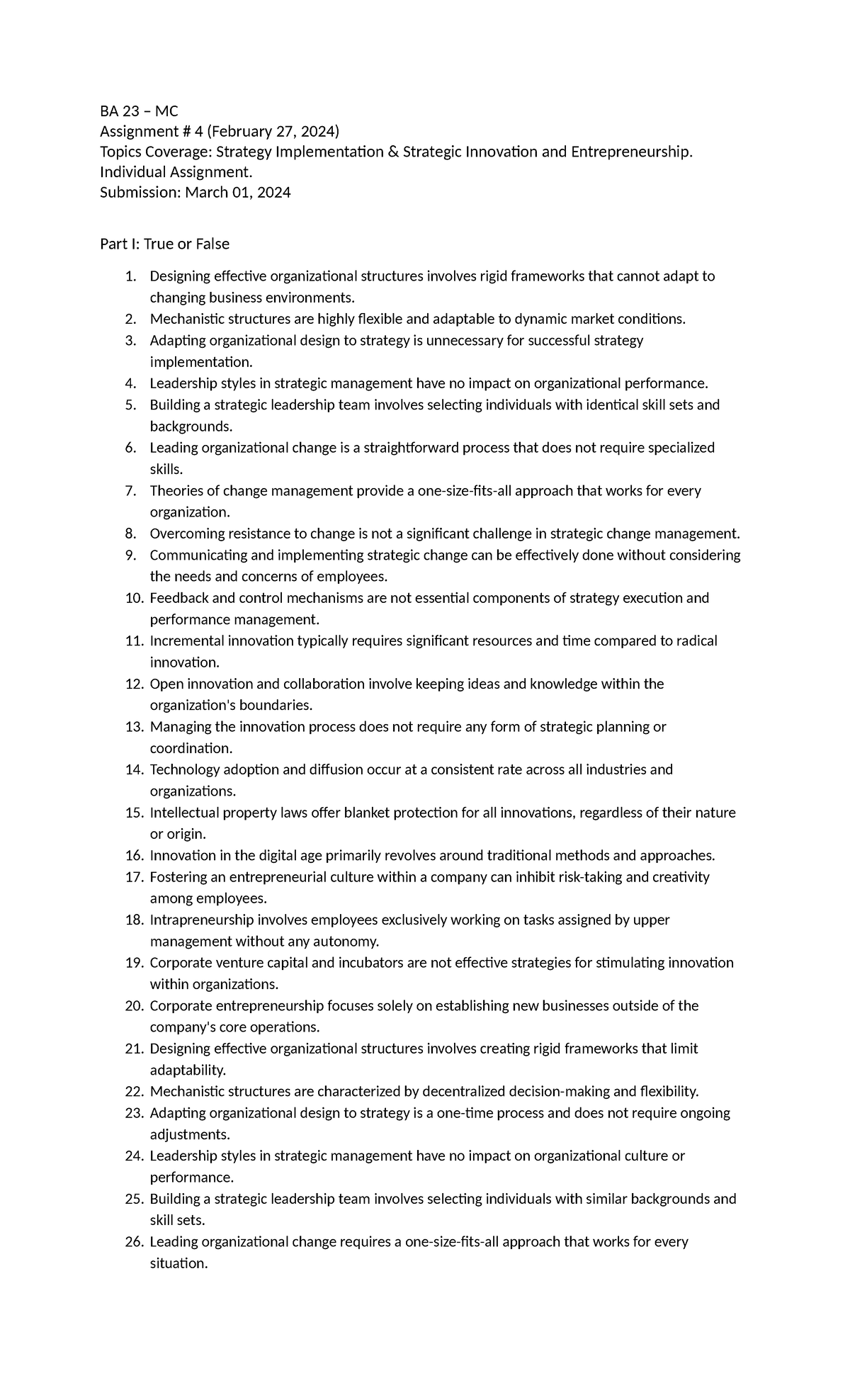 BA 23 MC Assignment 4 - practice questions - BA 23 – MC Assignment # 4 ...