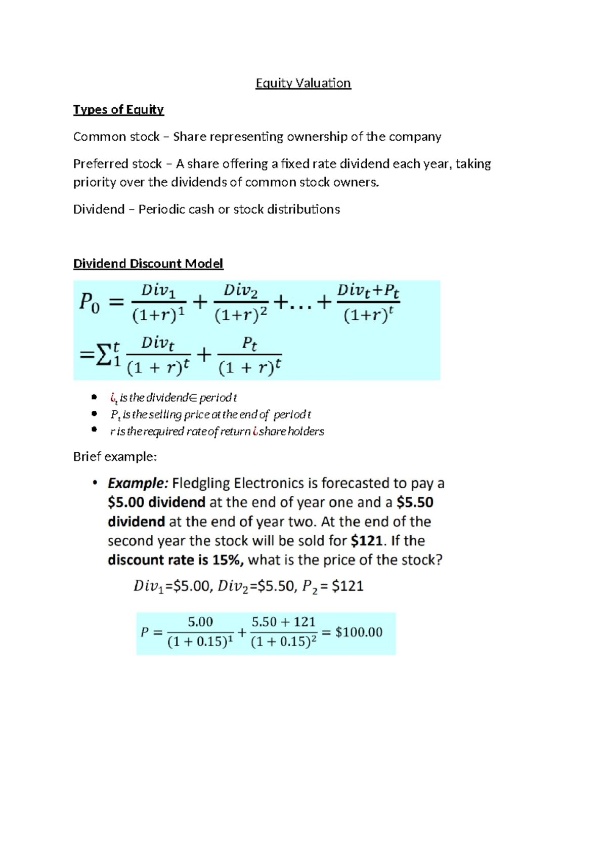 Equity Valuation - Equity Valuation Types of Equity Common stock ...