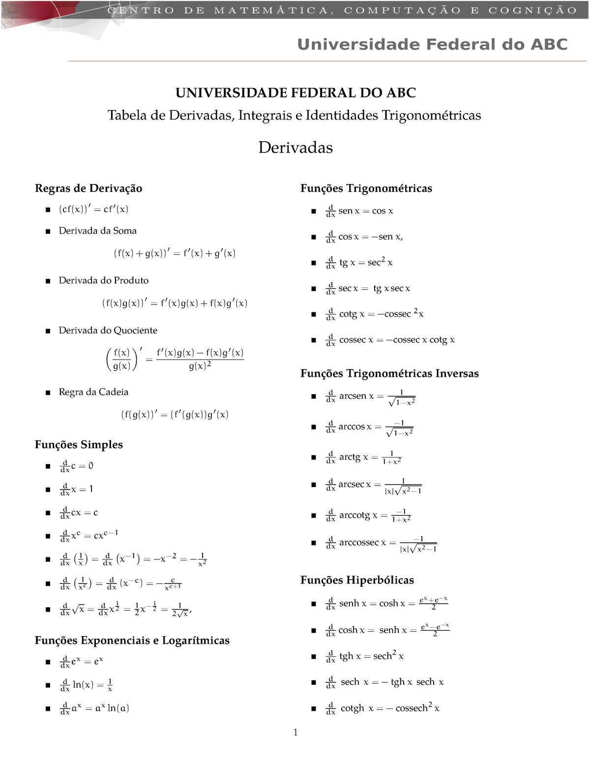 Tabela derivadas e integrais Funções de Várias Variáveis Studocu