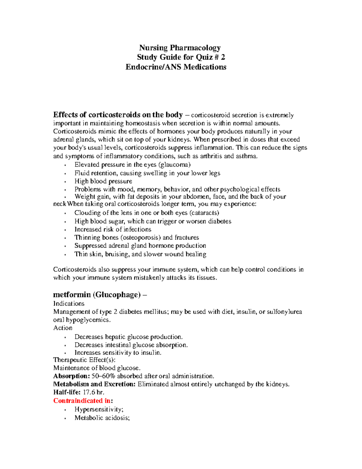 Nursing Pharmacology Study Guide for Quiz 2 Corticosteroids mimic