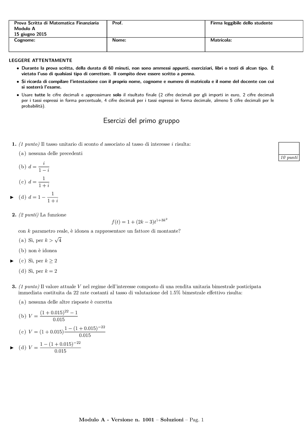 Esame 15 Giugno 2015 - Matematica Finanziaria - Risposte - Prova ...