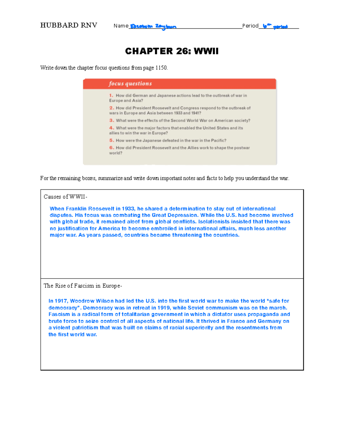 Ch - assign - CHAPTER 26: WWII Write down the chapter focus questions ...
