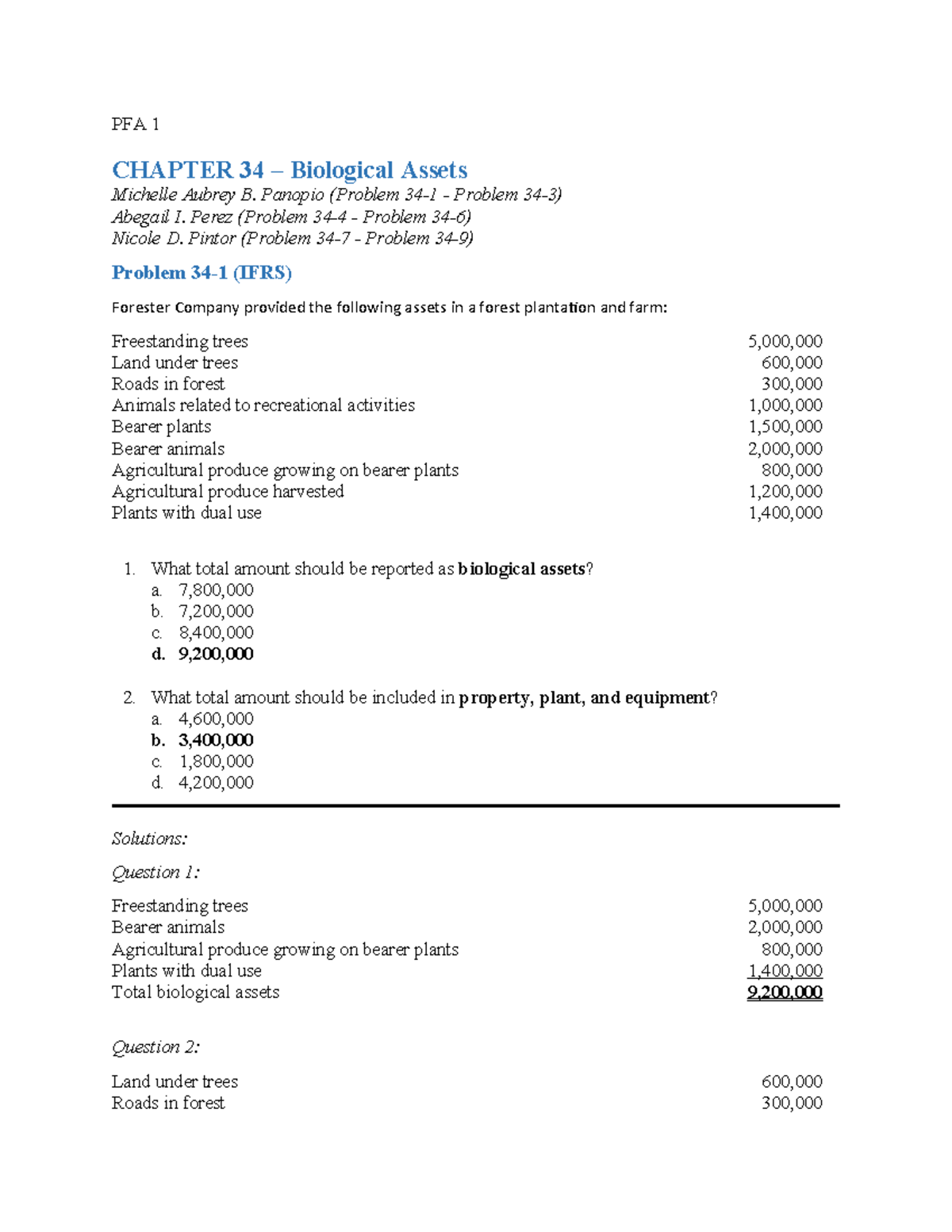Biological Assets PFA 1 CHAPTER 34 Biological Assets Michelle Aubrey B. Panopio (Problem 34