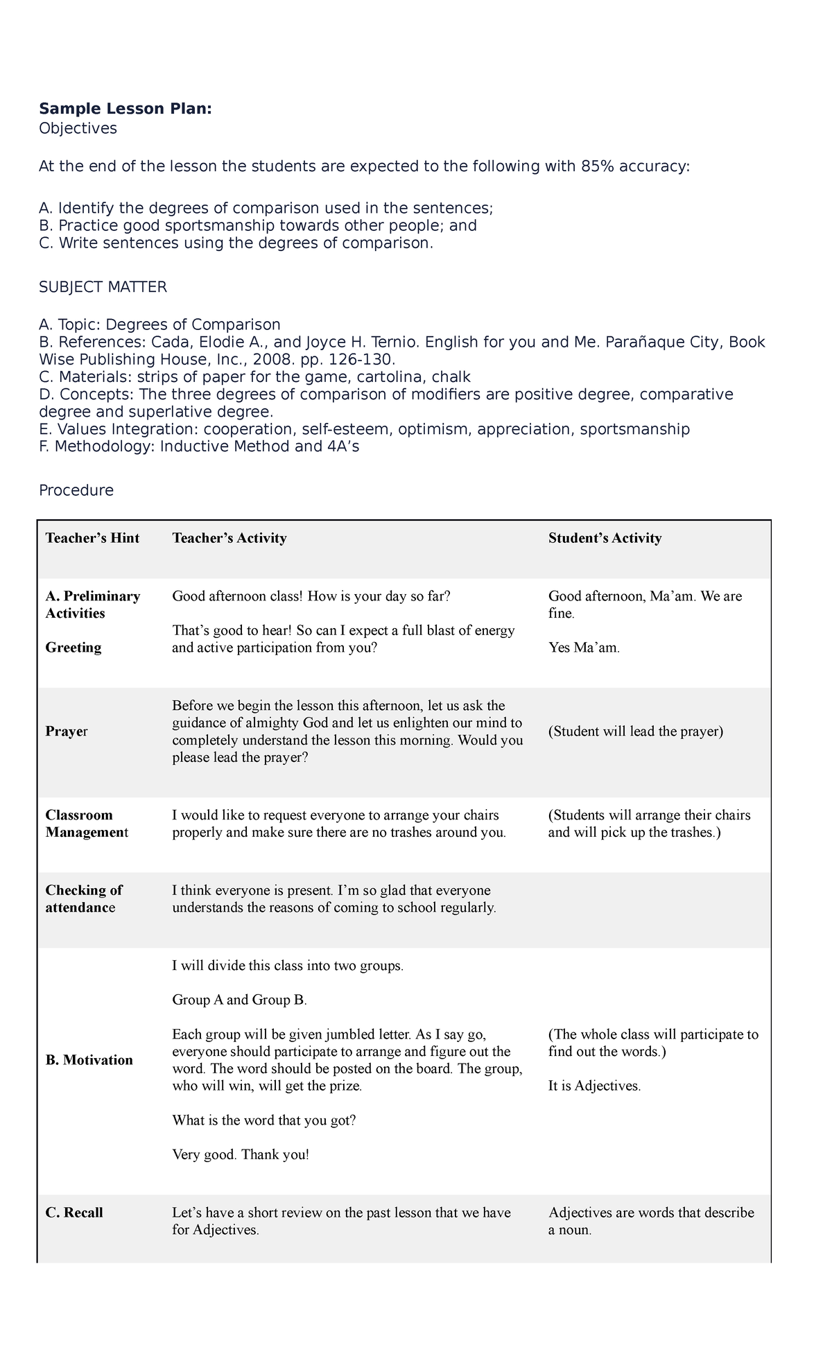 Sample Lesson Plan 1 - Sample Lesson Plan: Objectives At the end of the ...