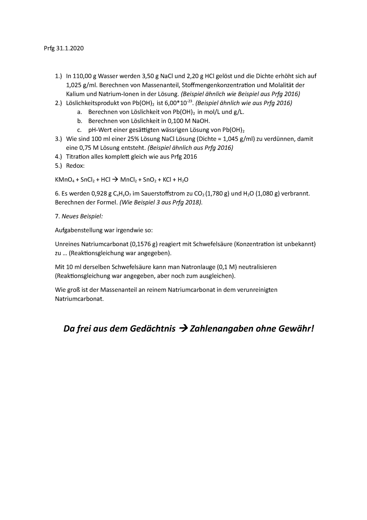 Chemisch Rechnen Prüfung Jänner 2020 - Prfg 31. 1.) In 110,00 g Wasser ...