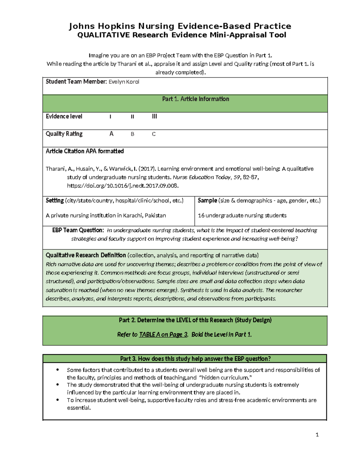 NUR 363 Qualitative Jhnebp Mini Appraisal Tool - QUALITATIVE Research ...