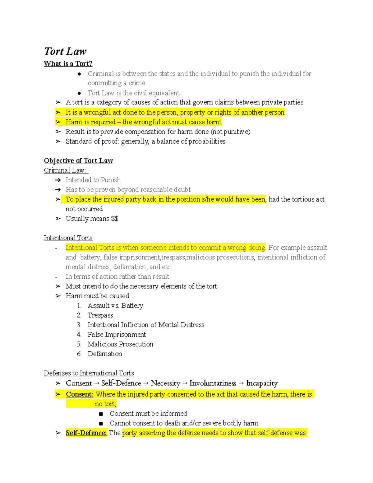 Tort Law (2) - Lecture Notes - Tort Law What Is A Tort? Criminal Is ...