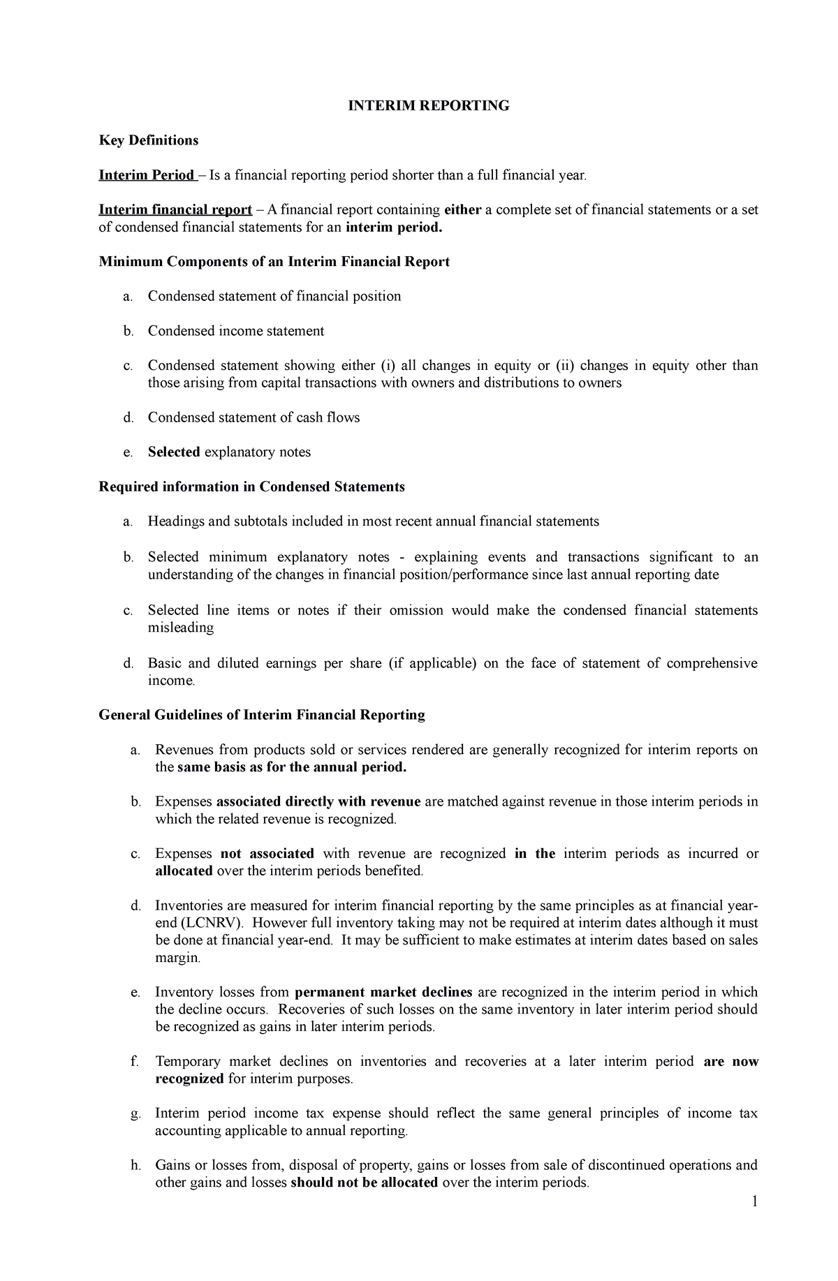 Interim Financial Reporting NOtes - INTERIM REPORTING Key Definitions ...