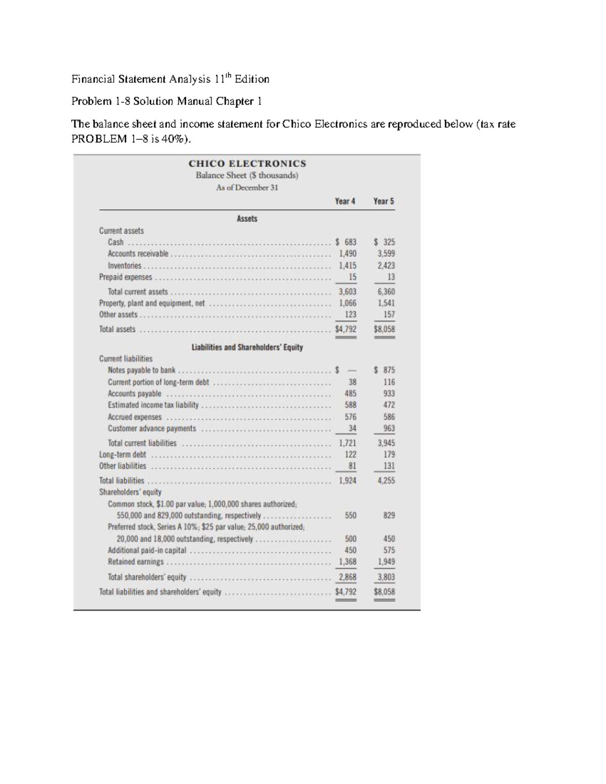 Financial Statement Analysis 11th Edition Solution Manual Chapter 1 Problem 1 8 Financial