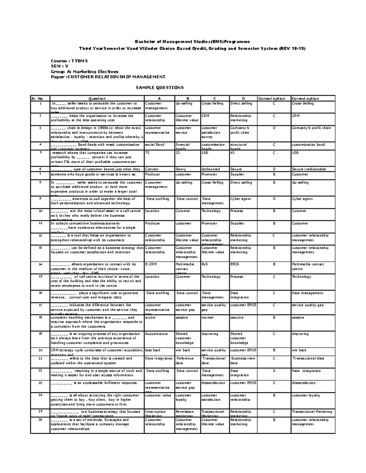 CRM Sample 50 Questions - Course : TYBMS SEM : V Group A: Marketing ...