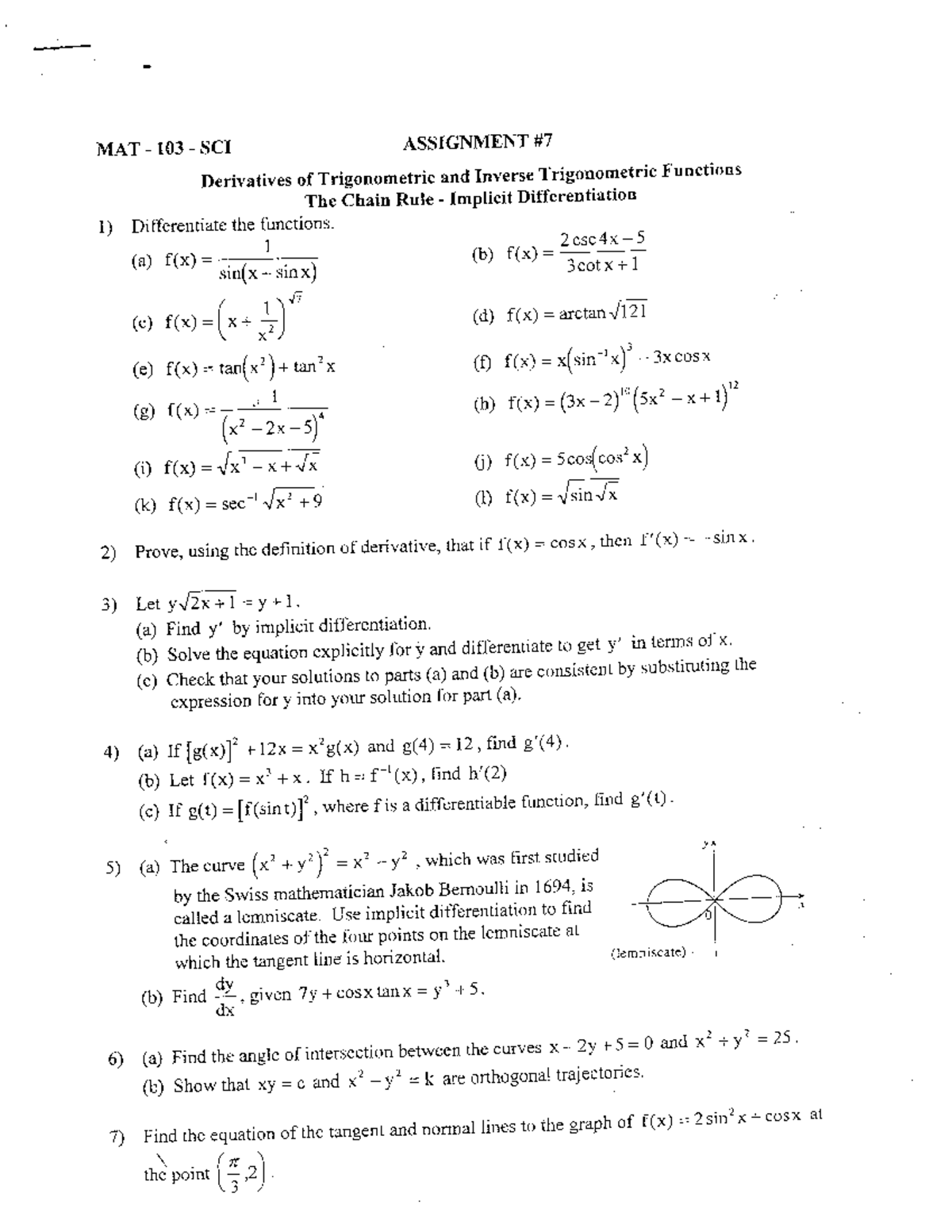 Assignment 7 Derivatives Of Trigonometric And Inverse Trigonometric Functions The Chain Rule 4164