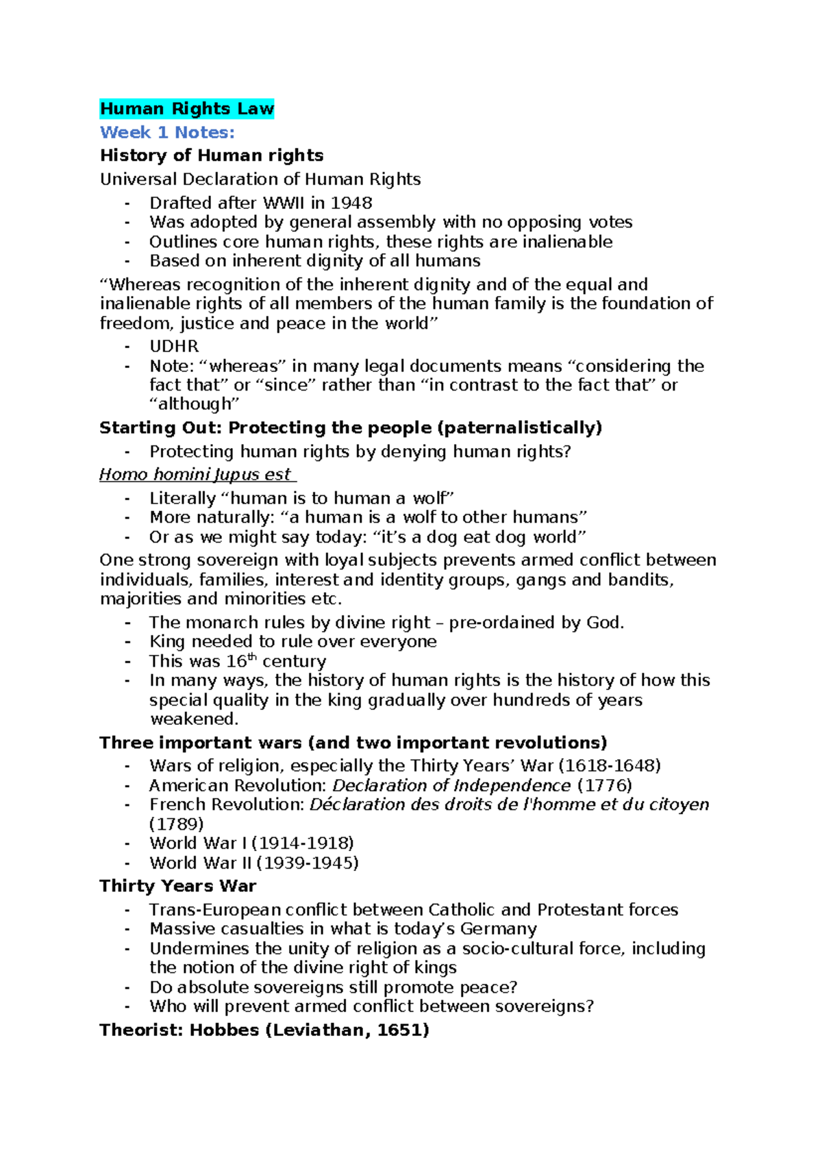 LA1027 notes-HR - Lecture notes - Human Rights Law Week 1 Notes ...