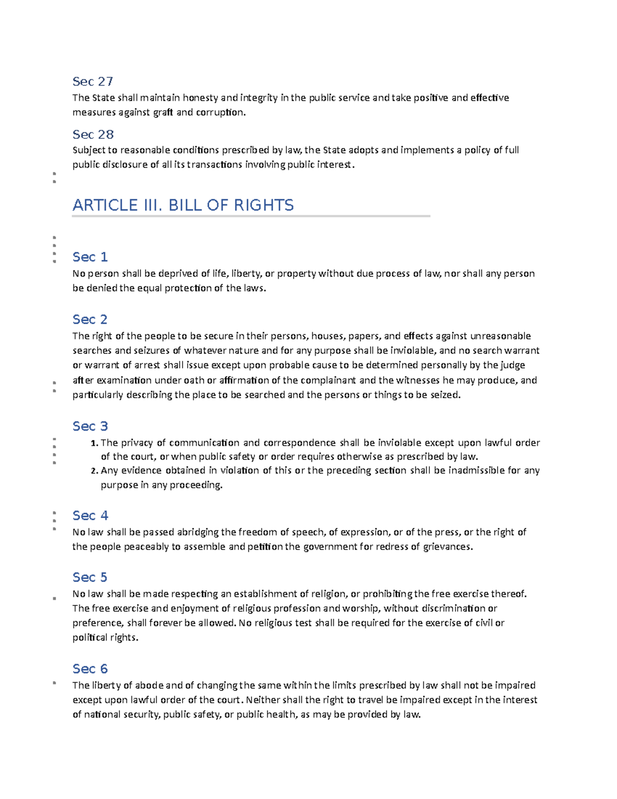 Constitutional Law. Module 2 - Sec 27 The State shall maintain honesty ...