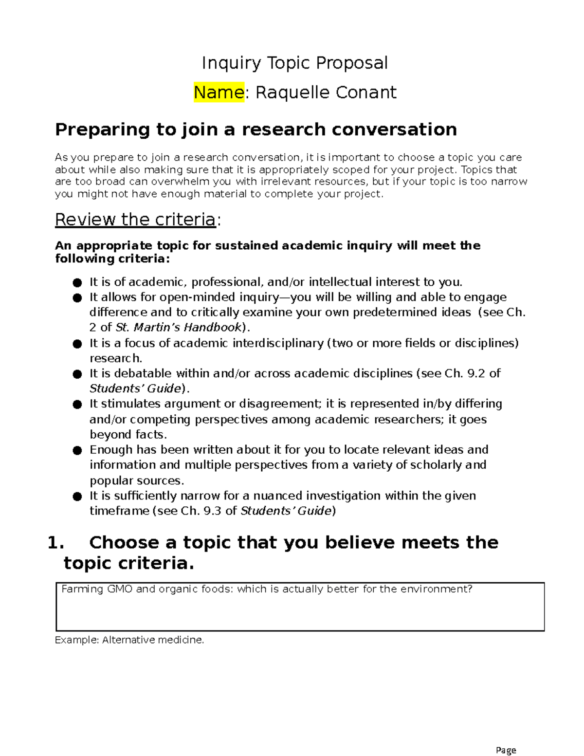 Inquiry Topic Proposal - Inquiry Topic Proposal Name: Raquelle Conant ...