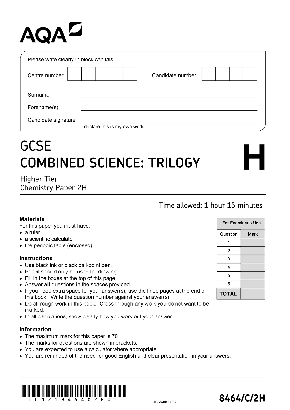 AQA GCSE Combined Science Chemistry Higher November 2021 Paper 2H ...