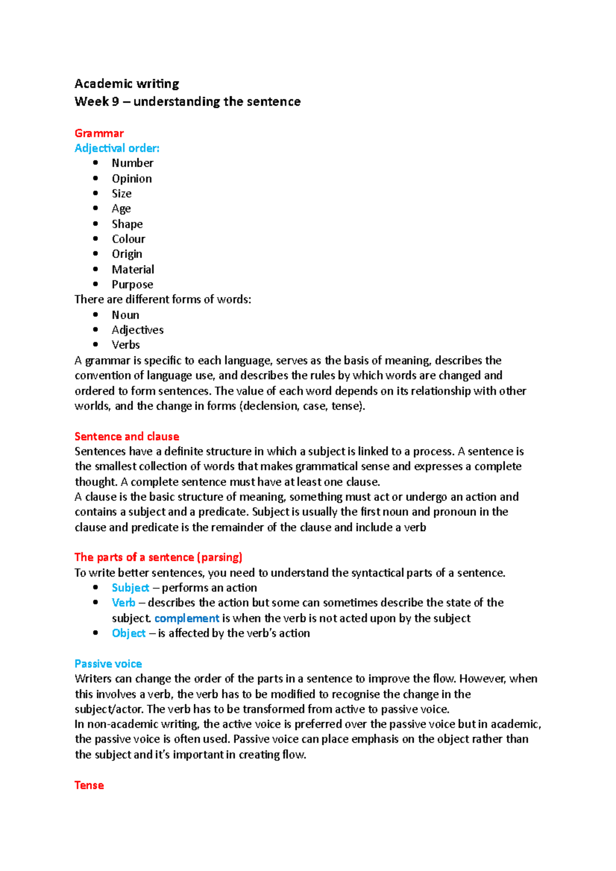 Academic writing w9 - Lecture notes 9 - Academic writing Week 9 ...