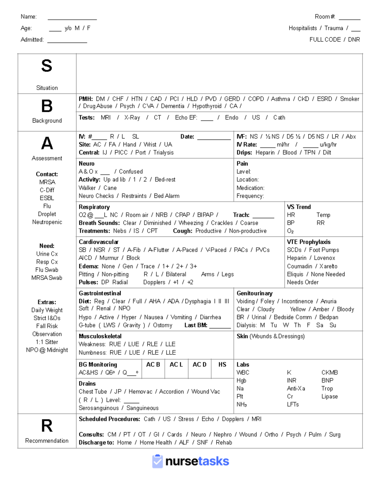 Fullsize SBAR Report Sheet - Name: ________________ Room #: _______ Age ...