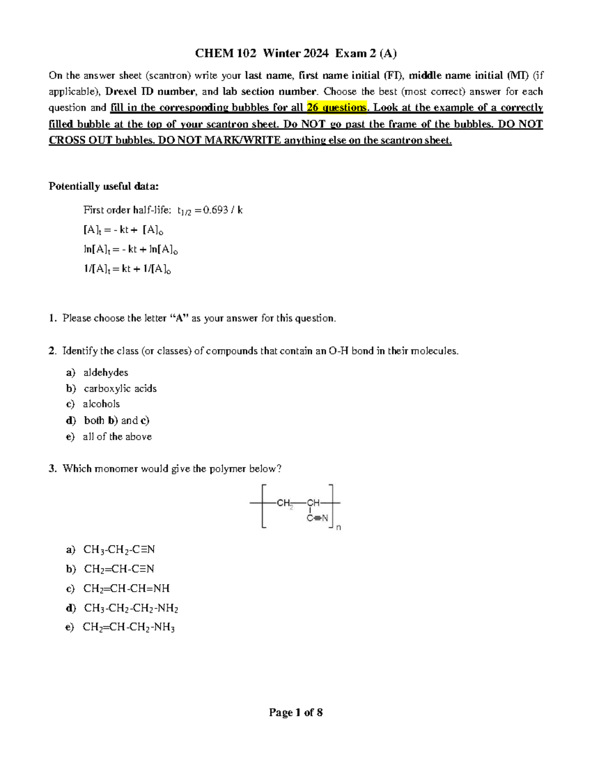 Exam 2 - chem 102 exam 2A - CHEM 102 Winter 2024 Exam 2 (A) On the ...