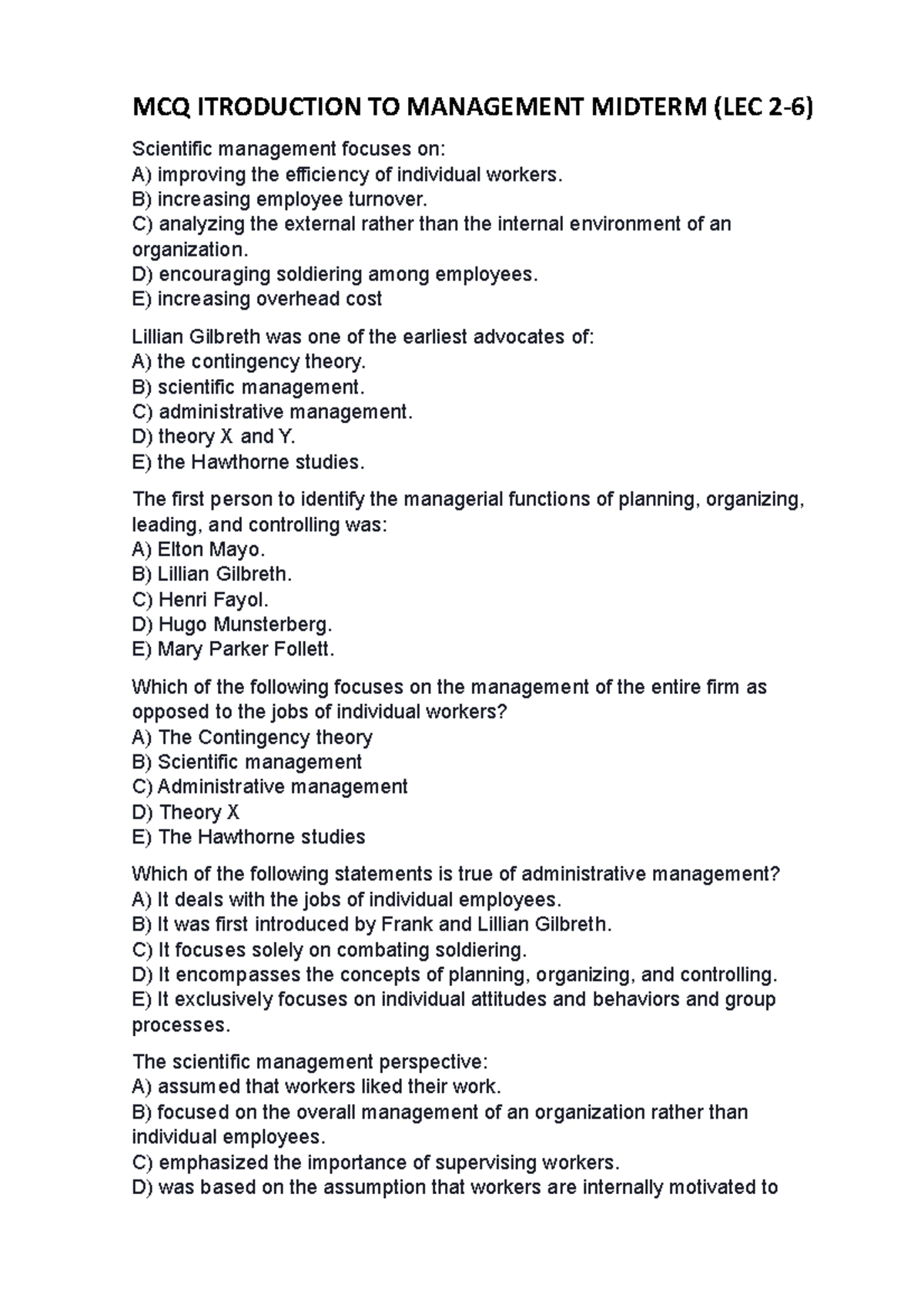 MCQ Itroduction TO Management Midterm - MCQ ITRODUCTION TO MANAGEMENT ...