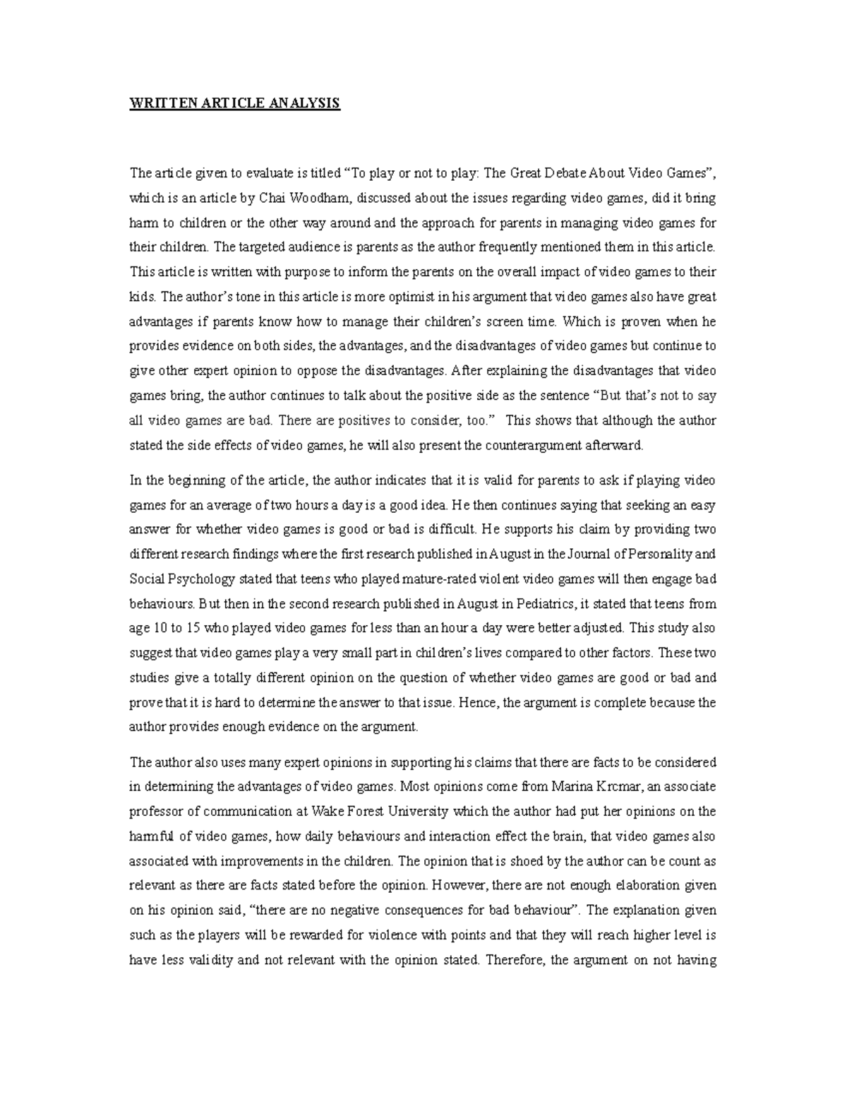 Written Article Analysis - WRITTEN ARTICLE ANALYSIS The article given ...
