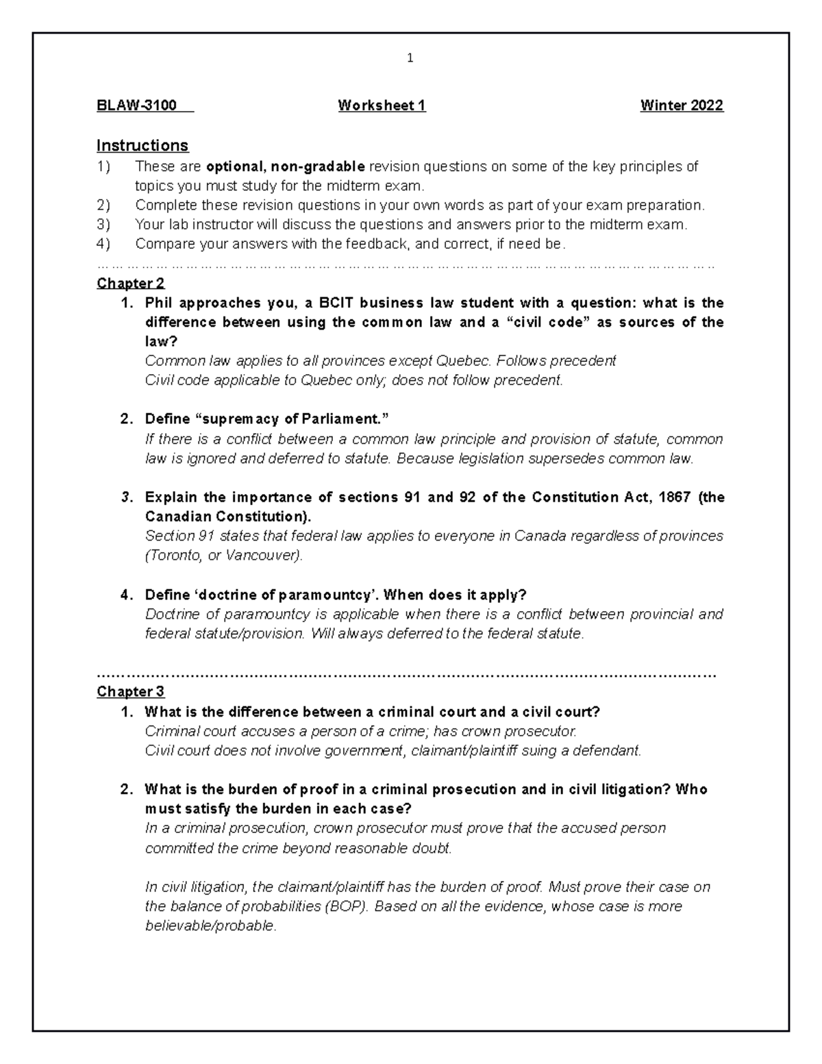 BLAW 3100 Worksheet 1 Midterm Prep Revision - BLAW-3100 Worksheet 1 ...