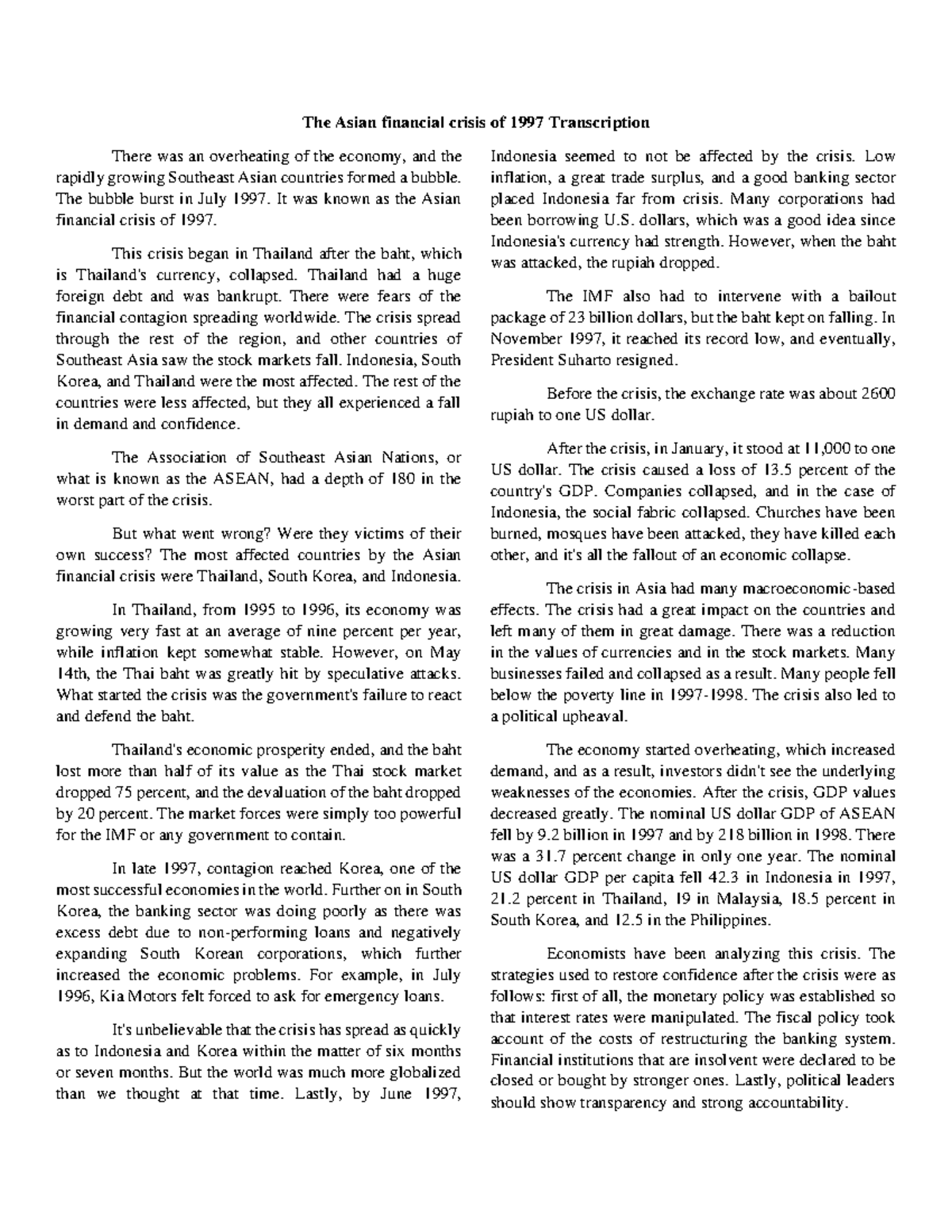 The Asian financial crisis of 1997 Transcription - The Asian financial ...