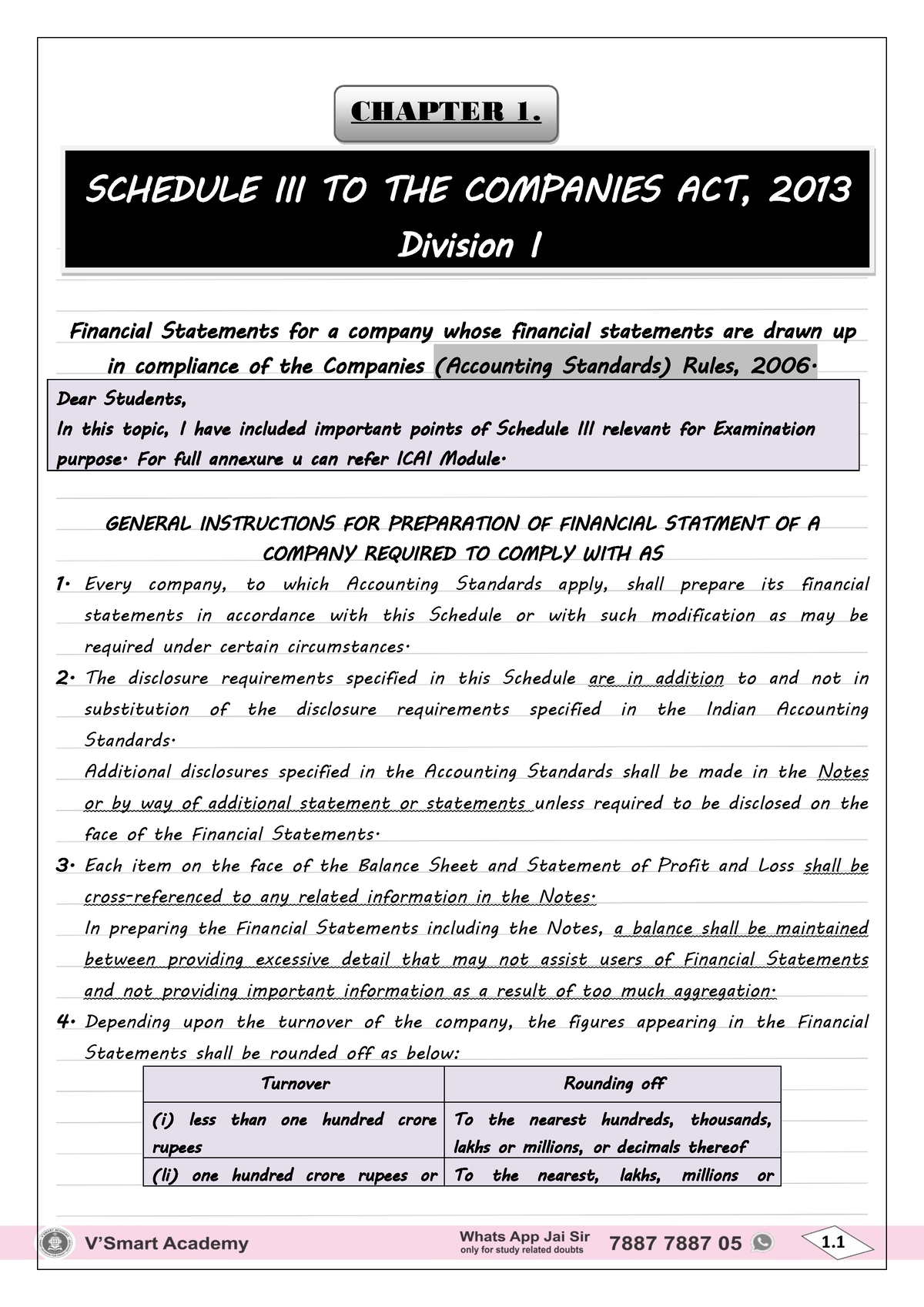 1. Schedule III ( Division I) new Financial Statements for a company