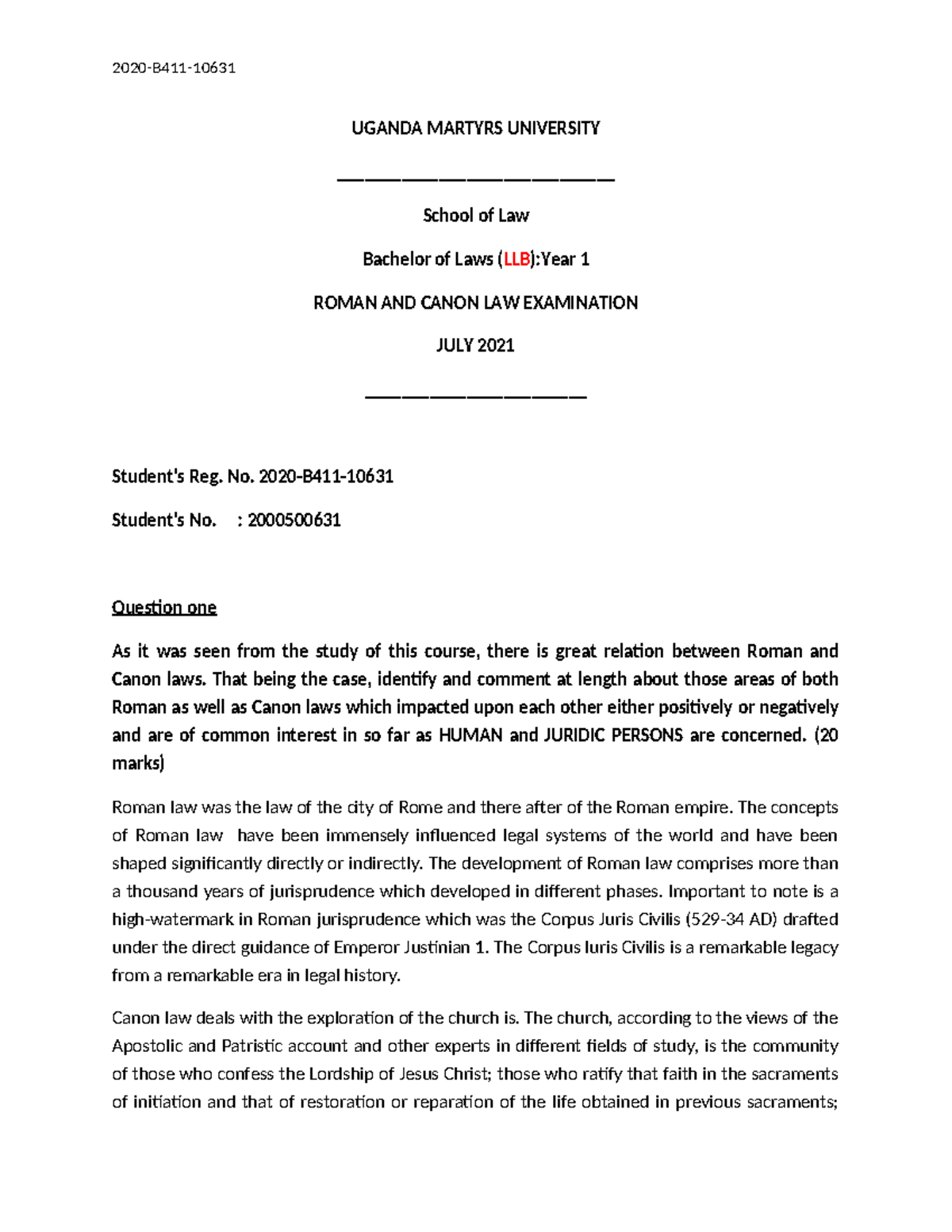 Introduction TO Roman AND Canon LAW Answer Script - UGANDA MARTYRS ...