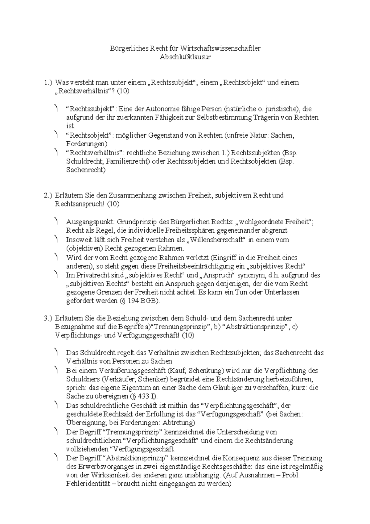 Bgb Klausuren Mit Lösungen BGB Klausur Lösung - Bürgerliches Recht für Wirtschaftswissenschaftler