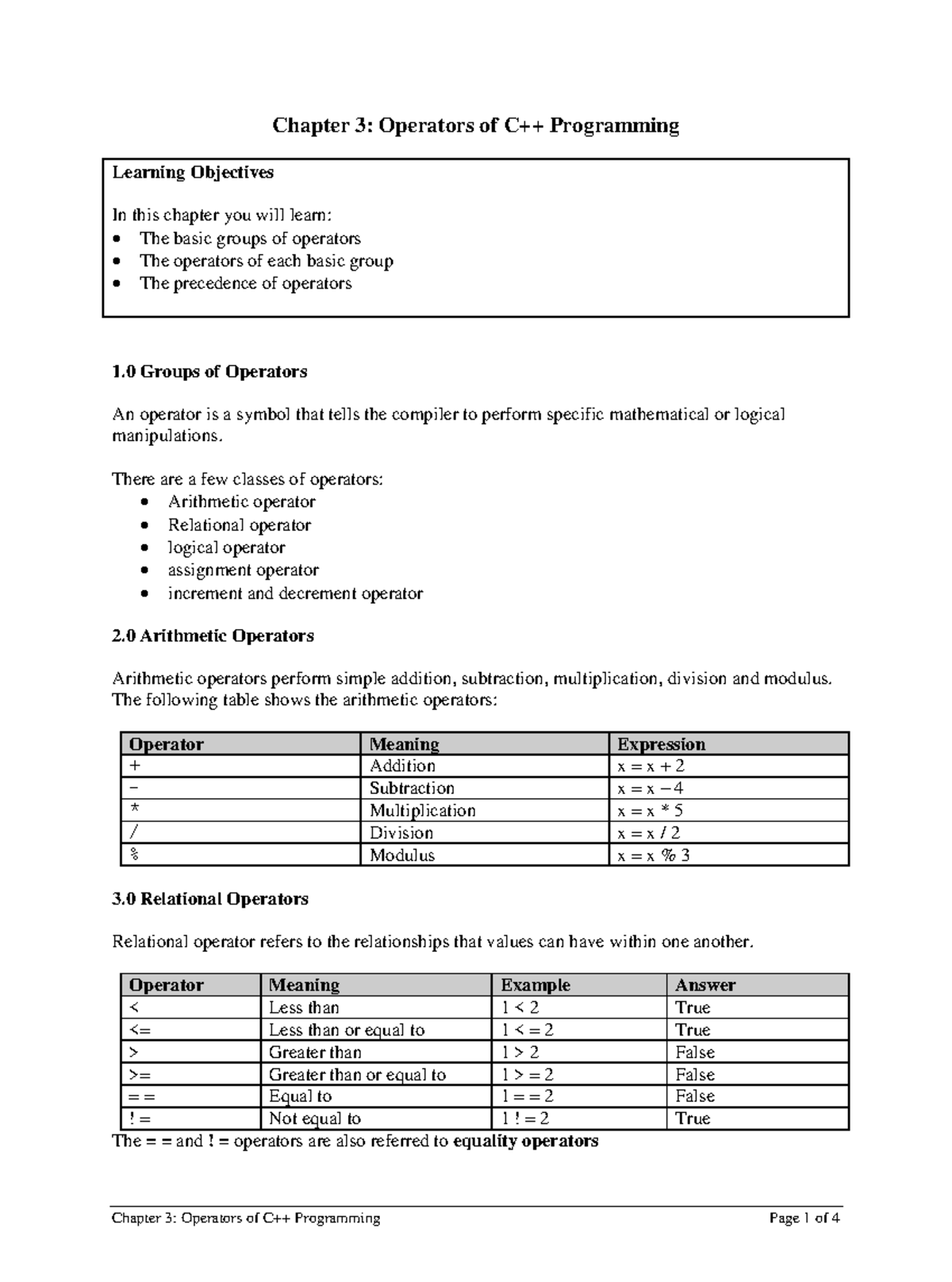Notes 03 Operators of C++ - Chapter 3: Operators of C++ Programming ...