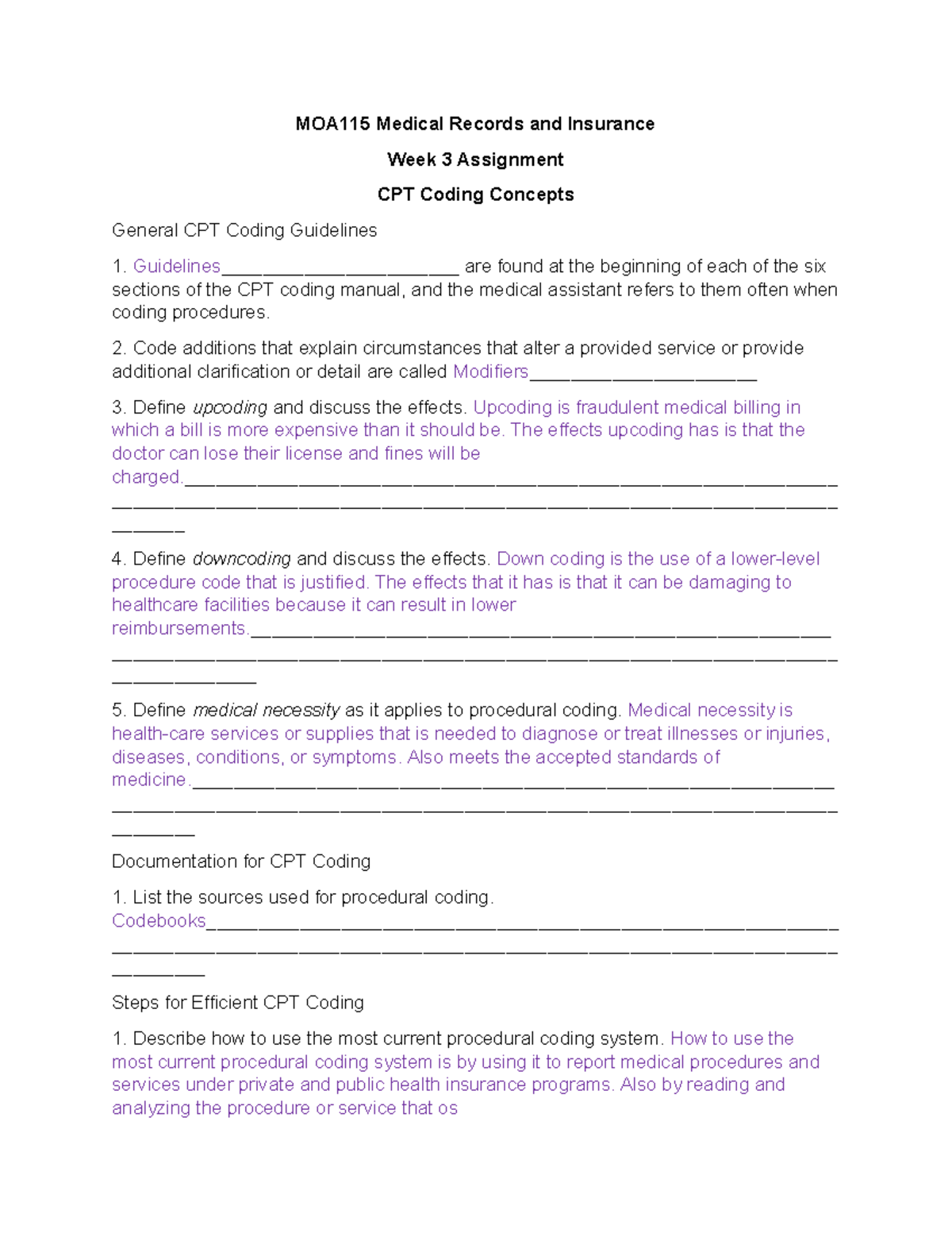 Week 3 Assignment Worksheet - MOA115 Medical Records And Insurance Week ...