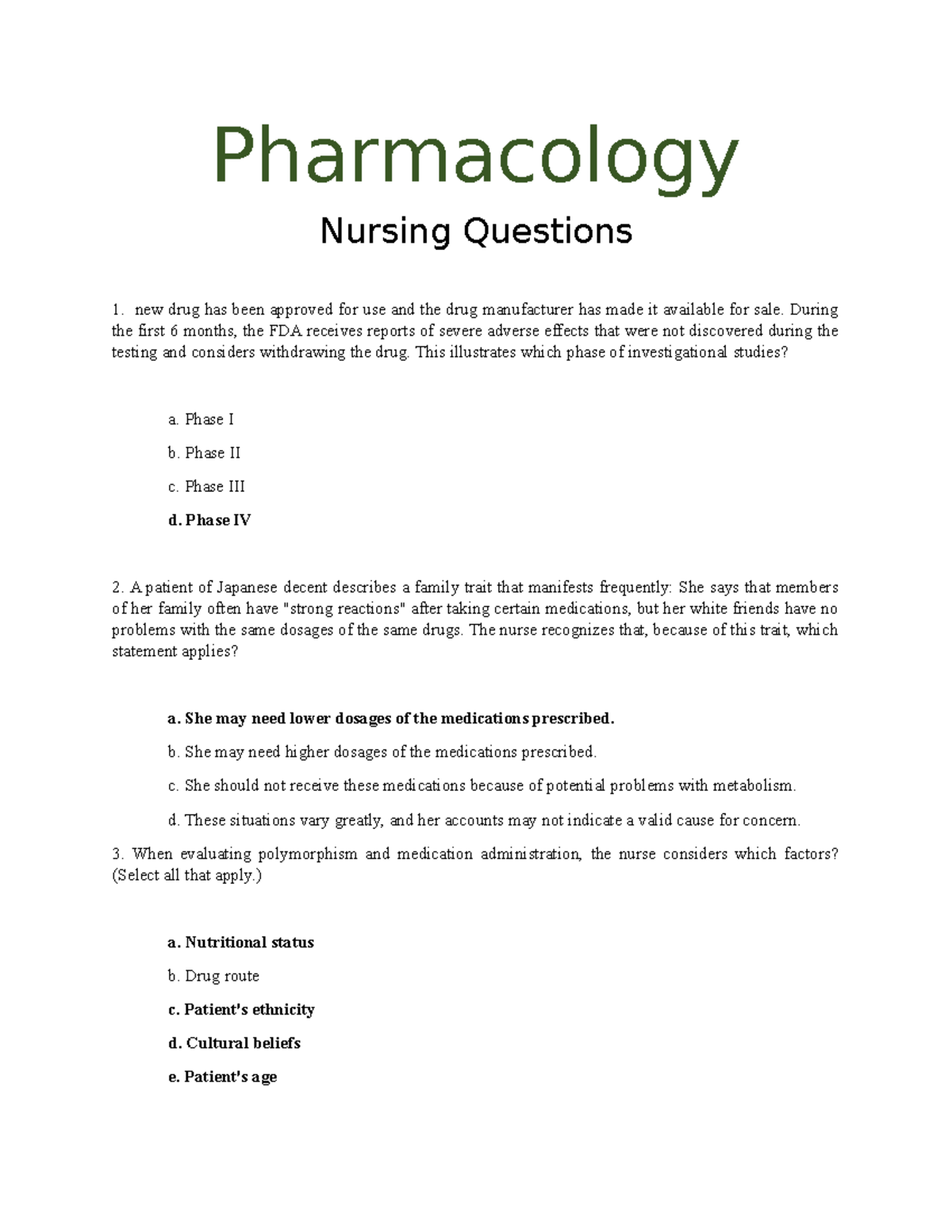 Pharmacology 2 - Test Questions - Pharmacology Nursing Questions New ...