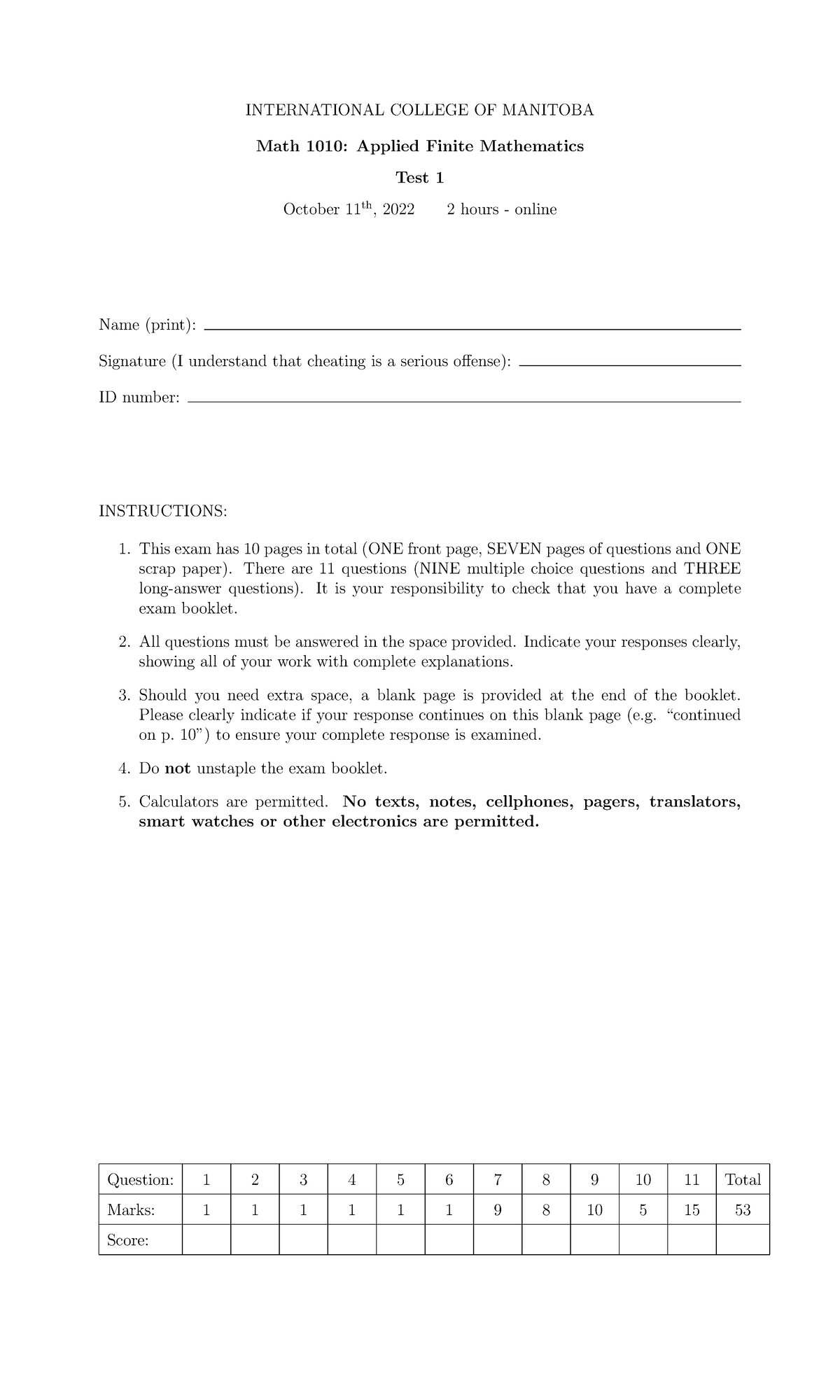 Test1 MATH1010D01 Fall 2022 INTERNATIONAL COLLEGE OF MANITOBA Math 1010 Applied Finite