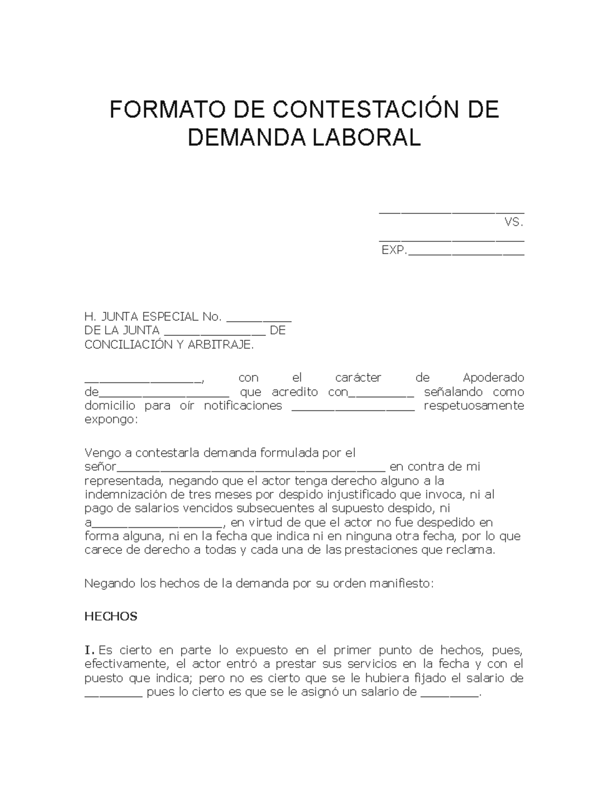 Contestacion de Demanda - FORMATO DE CONTESTACIÓN DE DEMANDA LABORAL