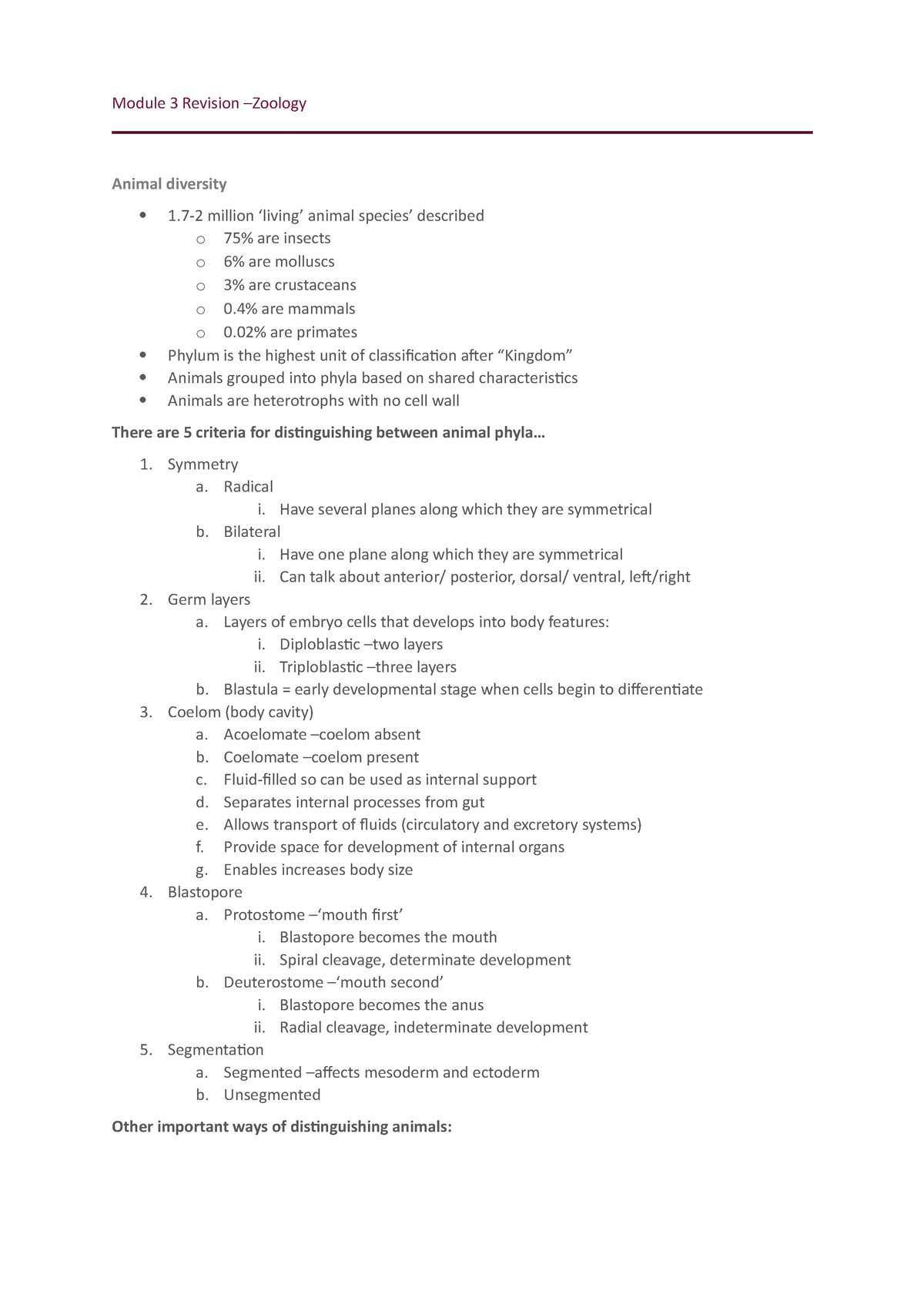 Module 3 Revision - animal classification - Module 3 Revision –Zoology