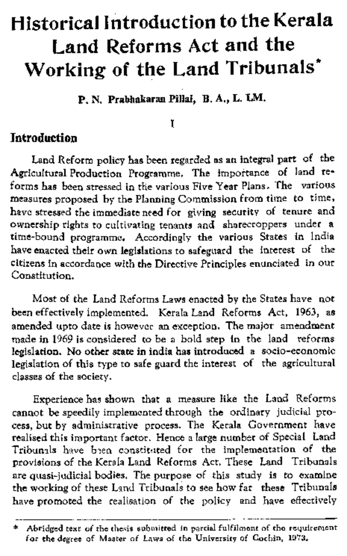 Historical Introduction to the Kerala Land Reforms Act and the Working