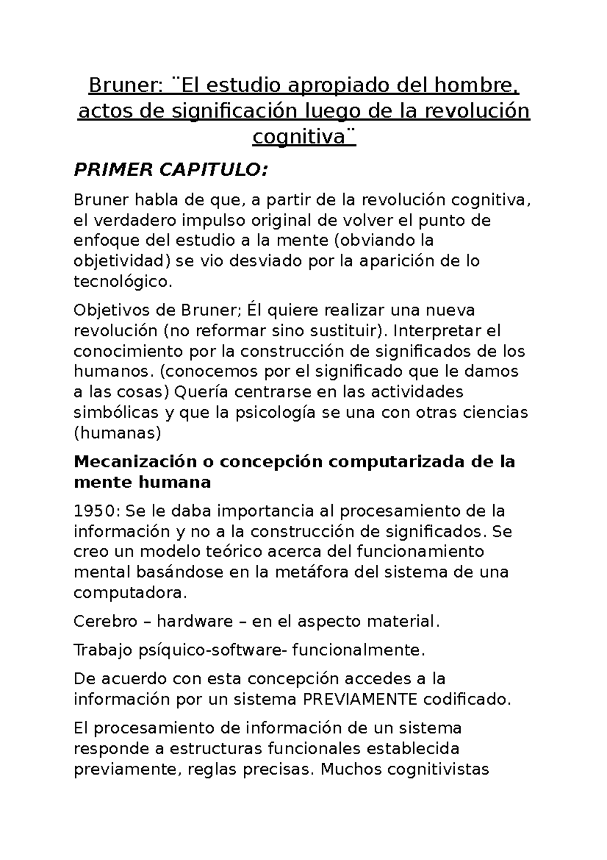 RESUMEN Introduccion A La Psicologia. Primer Parcial. 2019 - Bruner ...