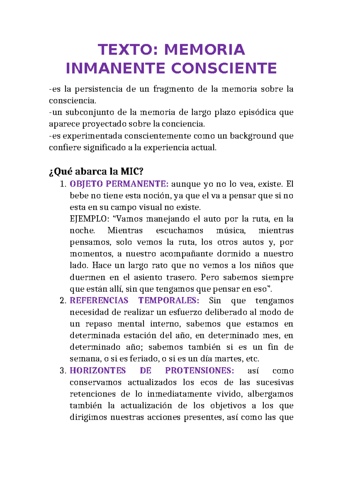 Resumen teorico A - TEXTO: MEMORIA INMANENTE CONSCIENTE -es la ...