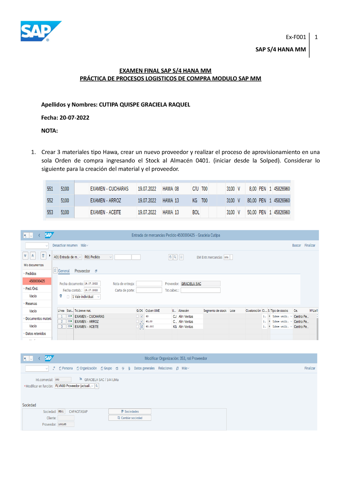 Graciela Examen Final SAP - SAP S/4 HANA MM EXAMEN FINAL SAP S/4 HANA ...