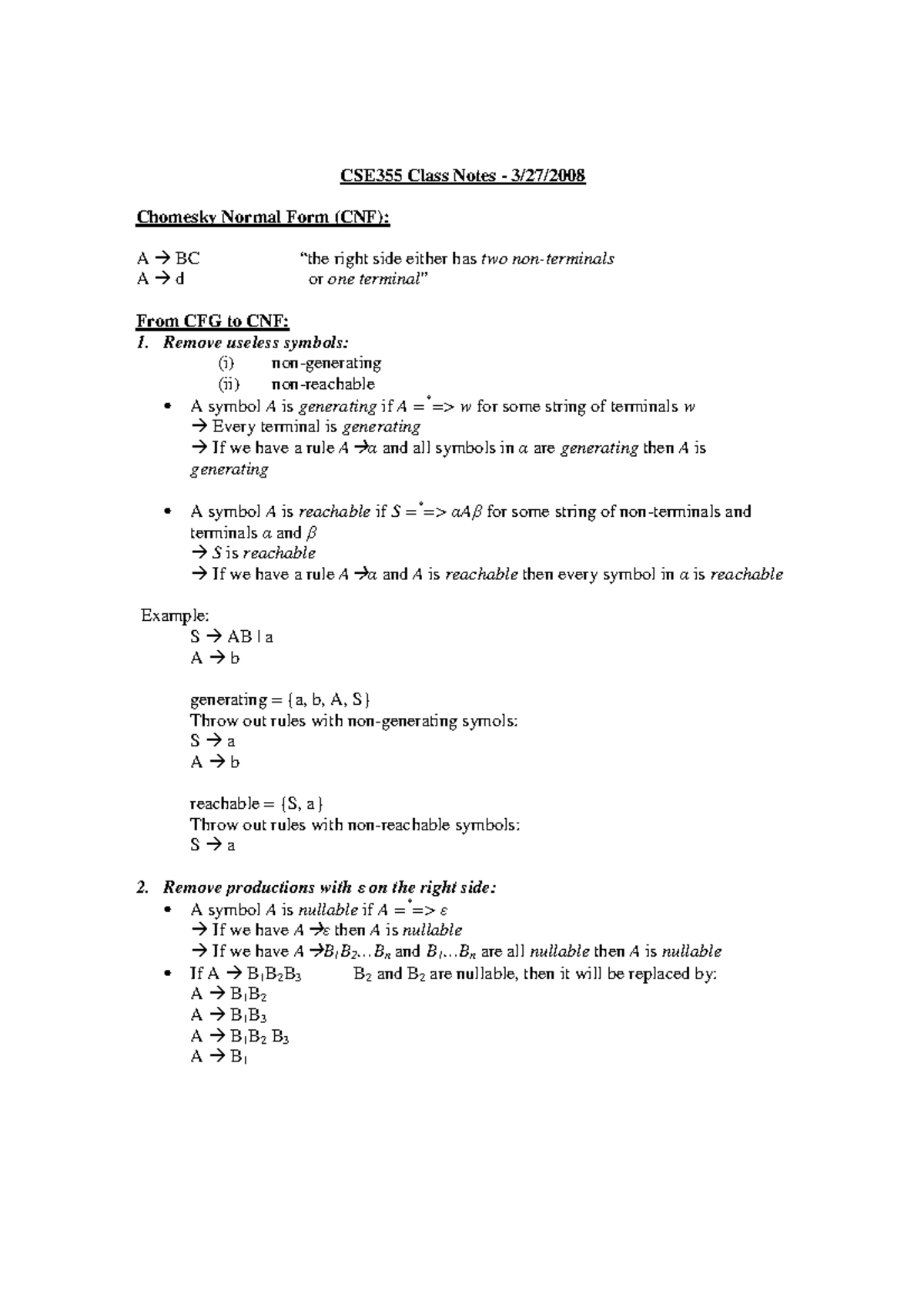 3-27-08class - Lecture notes 10.2 - CSE355 Class Notes Chomesky Normal ...
