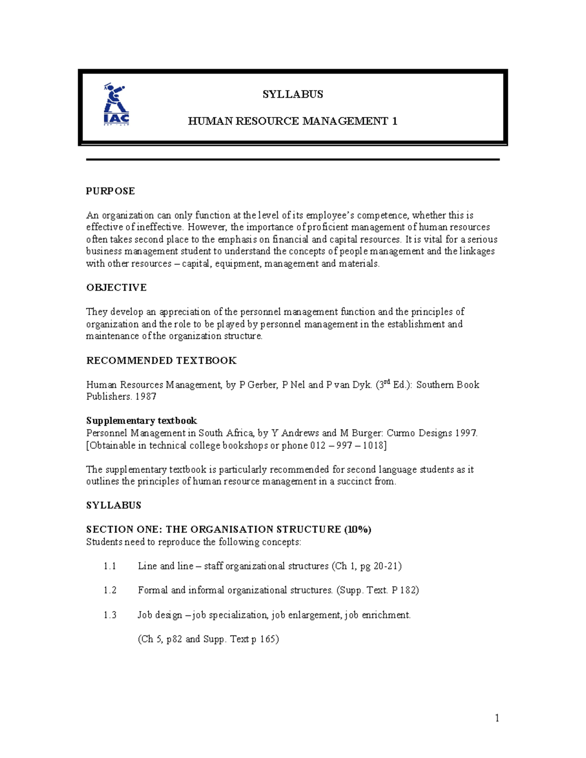 Human Resources Management 1 - SYLLABUS HUMAN RESOURCE MANAGEMENT 1 ...
